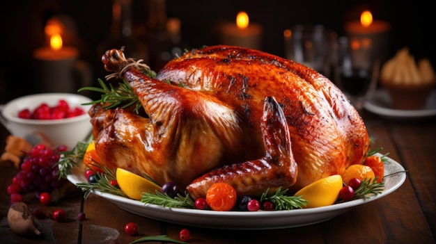 Roasted turkey for traditional thanksgiving dinner on rustic table