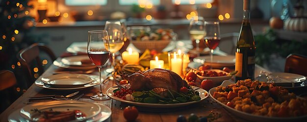 Roasted Turkey with Festive Dinner Table Setting Realistic Photo