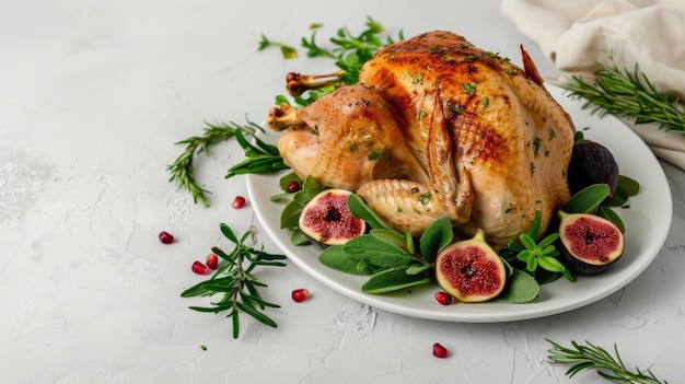 A roasted turkey with figs and sage garnishes on a white platter ready for a holiday meal