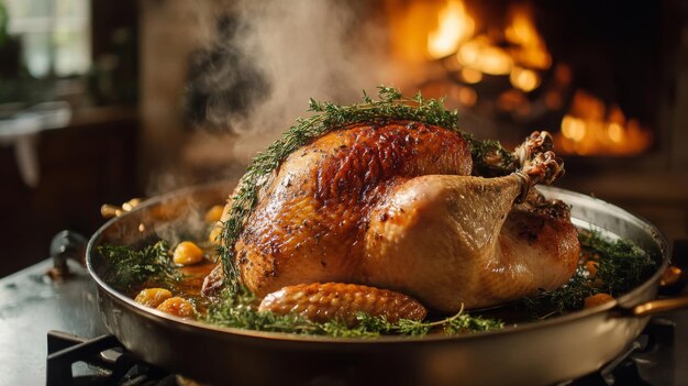 Photo roasted turkey with herbs in a pan with steam rising