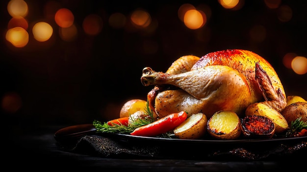 Photo roasted turkey with potatoes and herbs for a festive meal