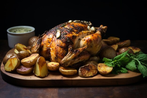 Photo a roasted turkey on a wooden board with potatoes and parsley