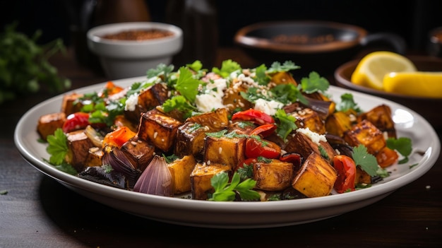 Roasted vegetables with quinoa and tofu on a plate sitting on a white table