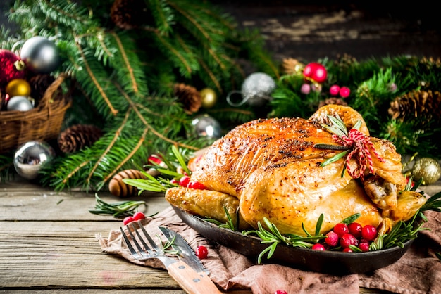 Roasted whole chicken with Christmas decoration