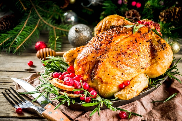 Roasted whole chicken with Christmas decoration