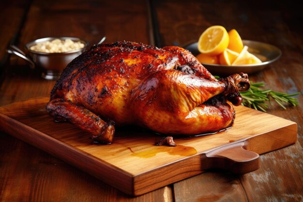 Roasted whole chicken on a wooden board Generative AI