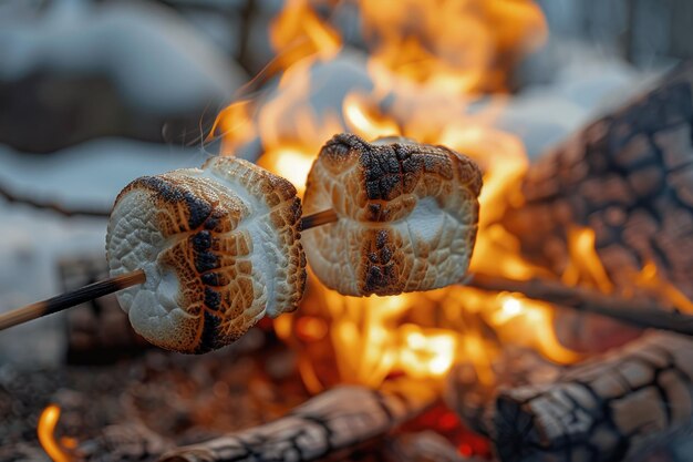 Photo roasting marshmallows over campfire flames in outdoor setting