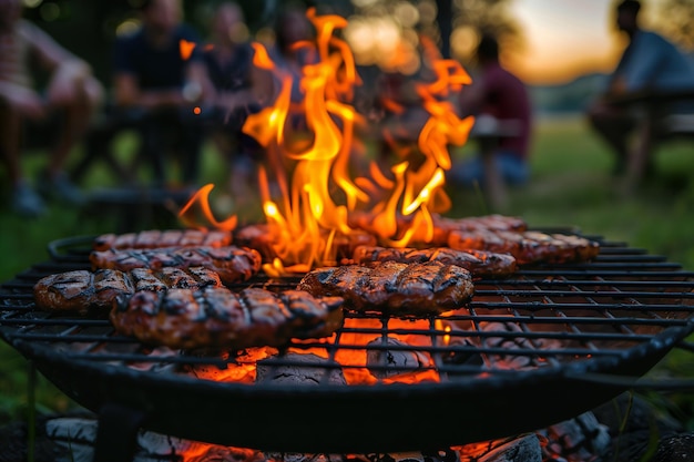 Photo roasting meat on a charcoal grill outdoors