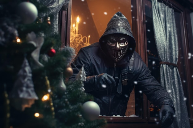 Robber black mask near window Robbery danger Generate Ai