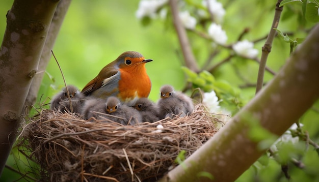 Robin Erithacus rubecula taking care of her chicks