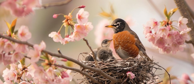 Photo robin feeding its young in a cherry blossom tree