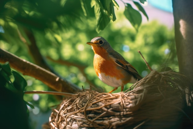 robin nesting on a branch