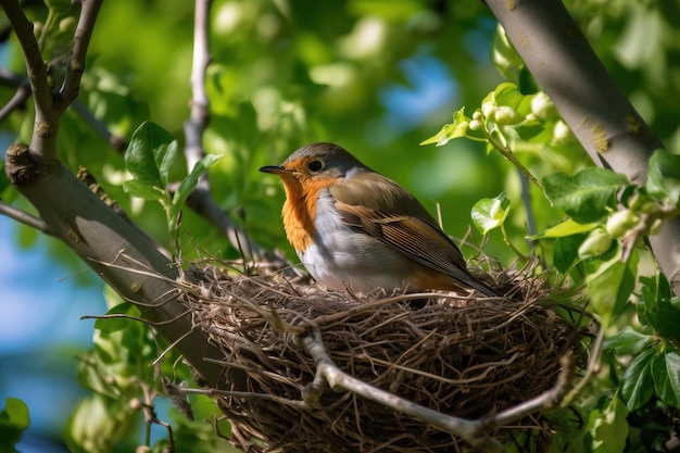 A robin sitting on a nest with eggs in a tre