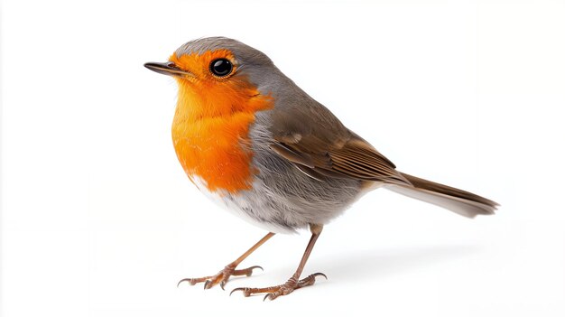 Photo a robin with a bright orange breast and grey back stands on a white background facing to the left