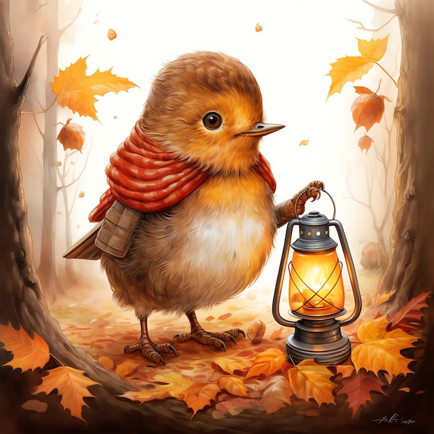 Robin with lantern in autumn woodland