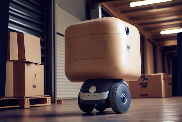 Robot AGV transporting cardboard box in warehouse background Technology innovation and delivery concept Generative AI