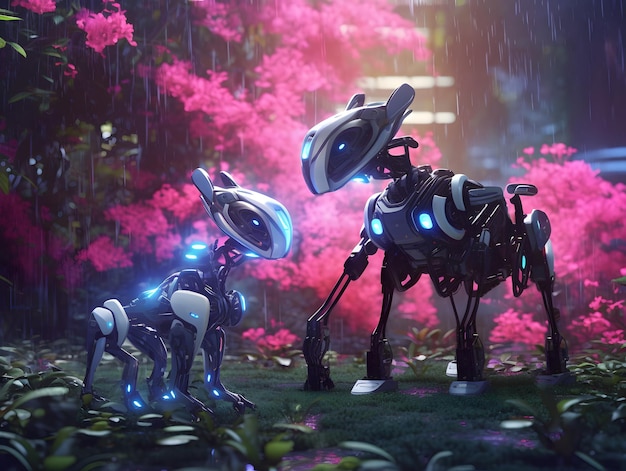 Robot animals in a futuristic garden in the style of vibrant digital art Generative AI