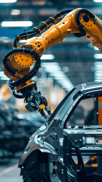 A Robot Arm Assembles a Car in a Factory