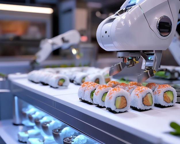 Robot arm preparing sushi on a conveyor belt