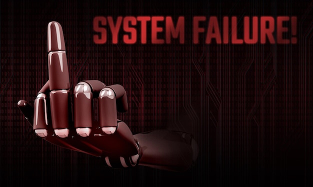 The robot arm showing the middle finger and the inscription system failure 3d illustration