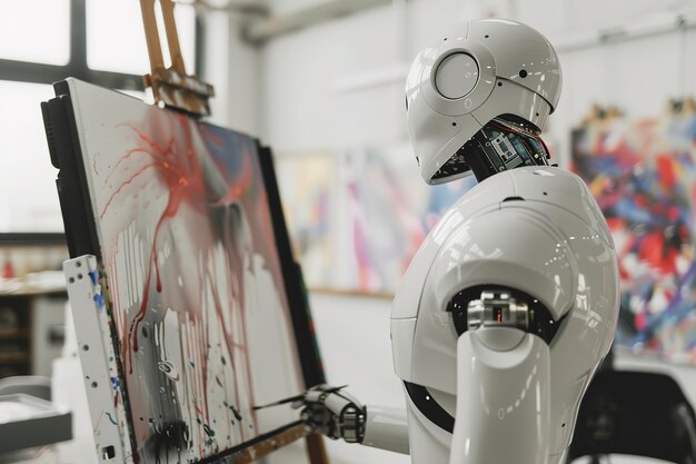 Photo robot artist creating abstract painting in modern studio