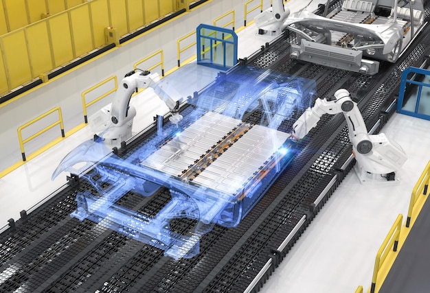 Robot assembly line with electric car battery cells module on platform