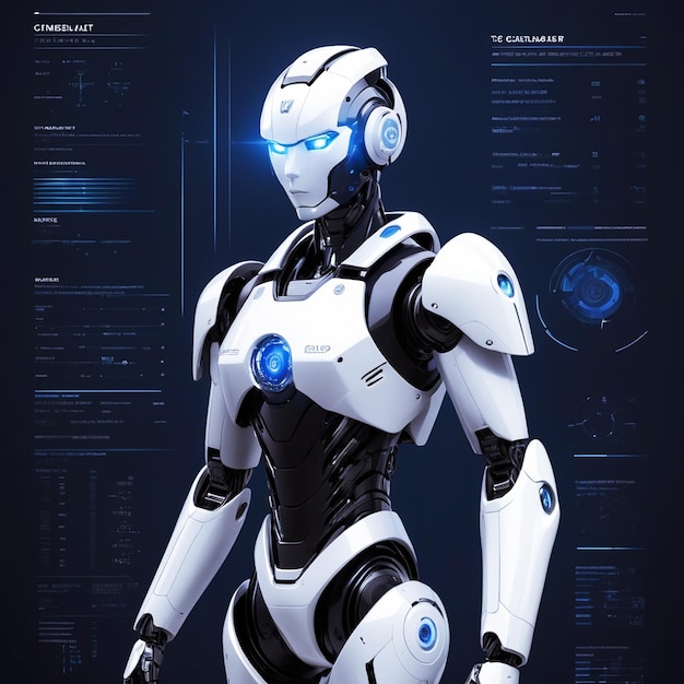 A robot before a computer screen symbolizes AI and digital technology