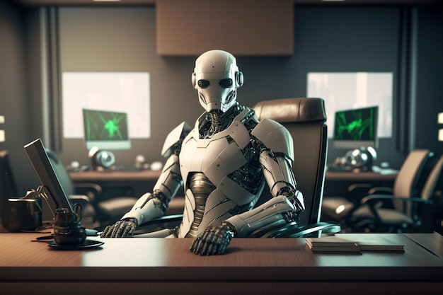 Robot boss or CEO sitting in a futuristic office AI development concept Generative AI