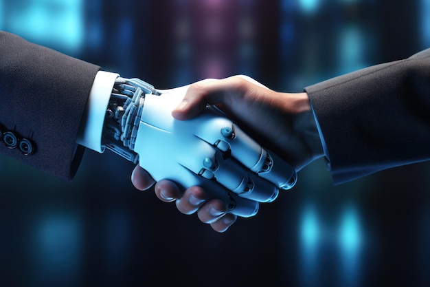 Robot and businessman hands in handshake Generative AI