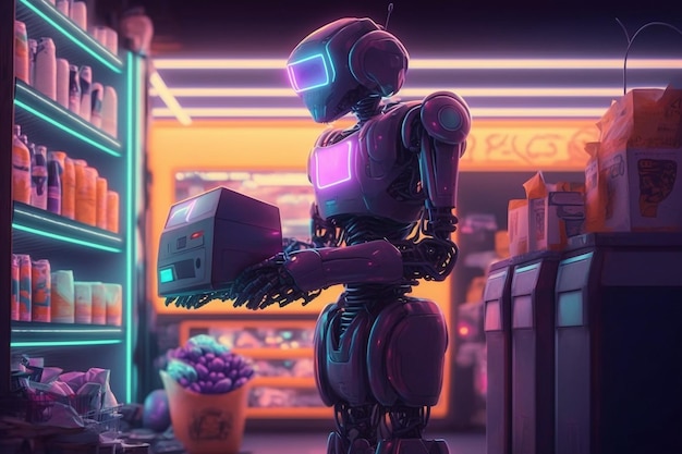 The robot came shopping to the store neon light illustration Generative AI