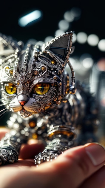 A robot cat with a metal face and yellow eyes.