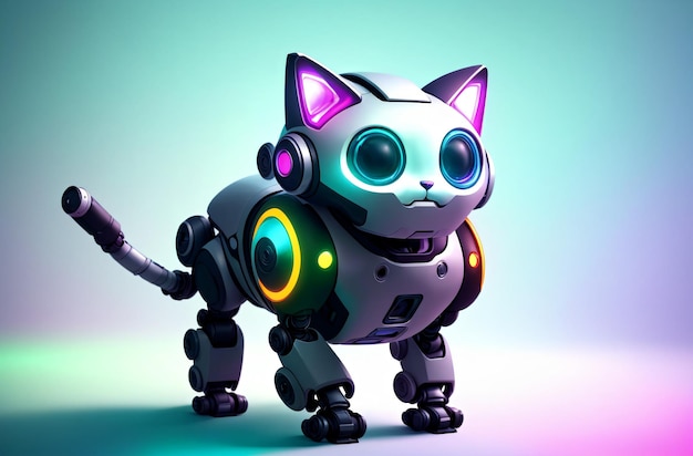 A robot cat with a pink head and purple eyes is standing on a colorful background.