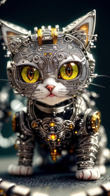 A robot cat with a silver face and yellow eyes.