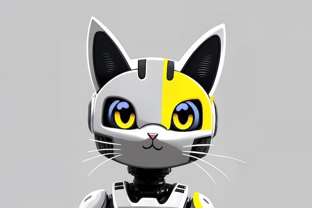 A robot cat with yellow and black markings is on a gray background.