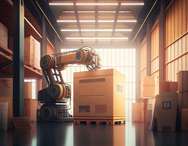 Robot center of logistic storagerobot arm with box working in the material industrialGenerative Ai