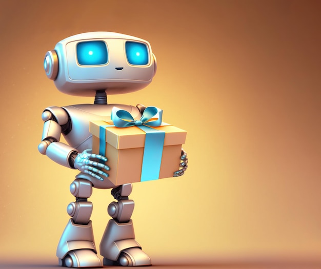 Robot character holds a cardboard box with blue bow over golden background 3D illustration with copy space