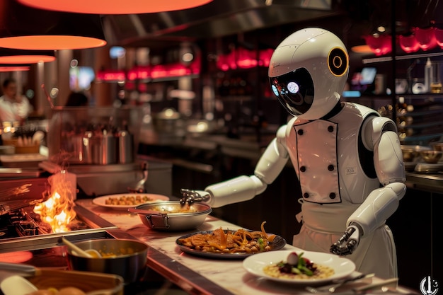 A robot chef is preparing food in a kitchen