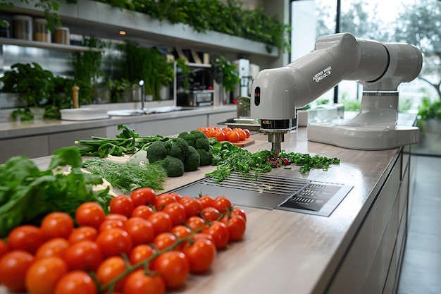 Photo a robot chef prepares a gourmet meal in a futuristic kitchen setting