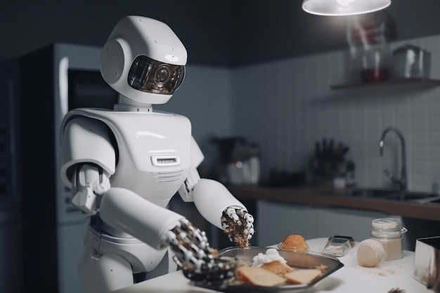 Robot chef prepares meals in the kitchen Replacing human labor with robotics Future concept with smart robotics and artificial intelligence