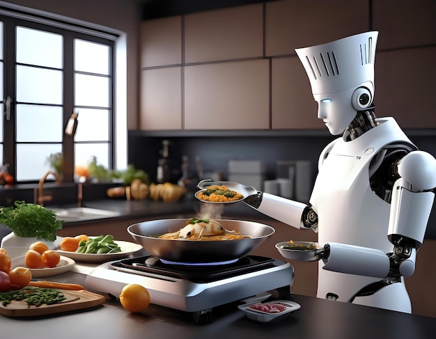 Photo a robot chef preparing a gourmet meal with precision and flair