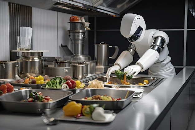 Robot chef preparing stir fry with precision and care created with generative ai