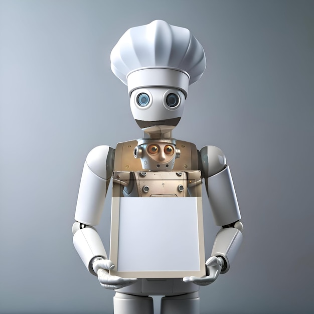 Photo robot chef in a white chef hat holding a blank sign