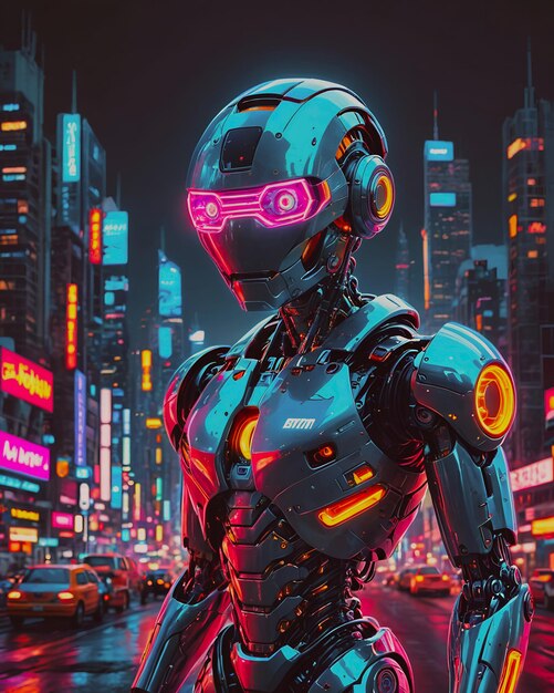 Robot in the city at night 3D rendering illustration