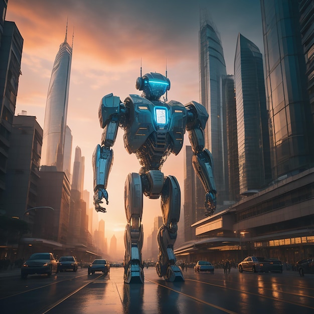 A robot in the city with a sunset in the background