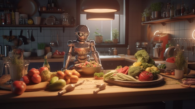 Robot cooking in a kitchen with a bowl of vegetables on the counter.