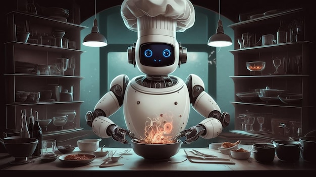 Photo a robot cooking with a pot of fire and a pot of food