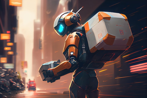 Robot courier delivering urgent package to save the day in hightech futuristic world