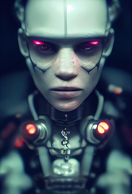 Robot cyborg closeup illuminated by light Scifi artificial intelligence background 3D illustration