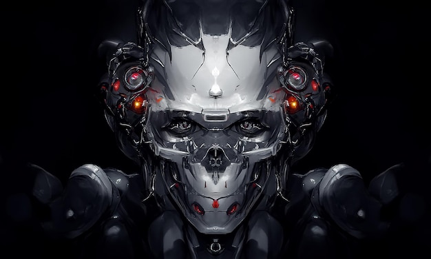 Robot cyborg humanoid face skull technological cyborg head Futuristic metallic science fiction male Fantastic 3d illustration