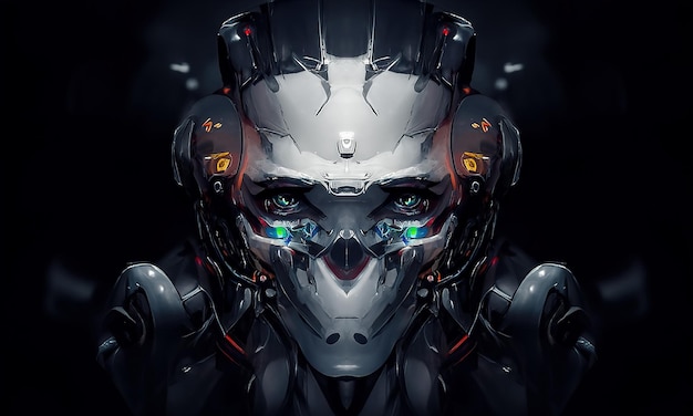 Robot cyborg humanoid face skull technological cyborg head Futuristic metallic science fiction male Fantastic 3d illustration